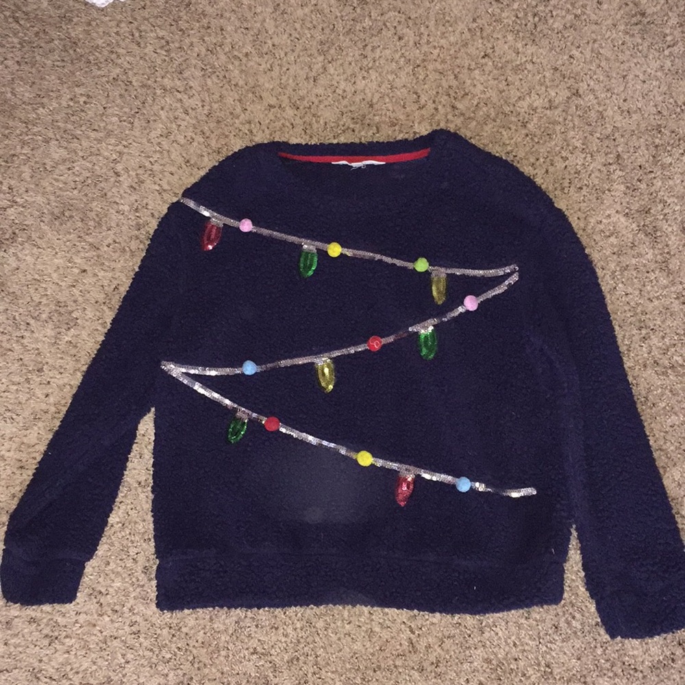 Navy Blue Fuzzy Shirt with Christmas Lights